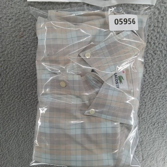 Lacoste Shirt Mens Size 38 Medium Beige Tan Blue Windowpane Check Button Down - Picture 7 of 7